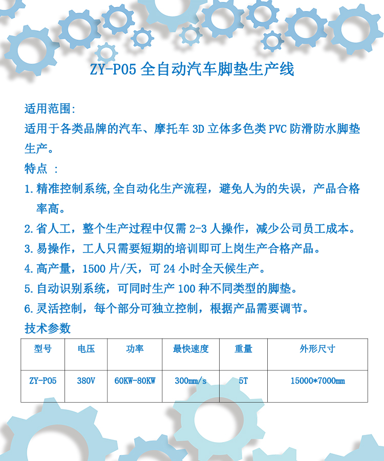 PVC汽車腳墊全自動生產線設備參數(shù)